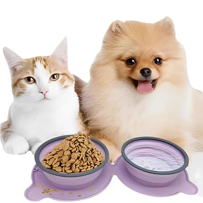 Green Portable Collapsible Pet Bowl Set - Food-Grade Silicone Double Bowl for Dogs & Cats, Anti-Slip & Easy to Clean